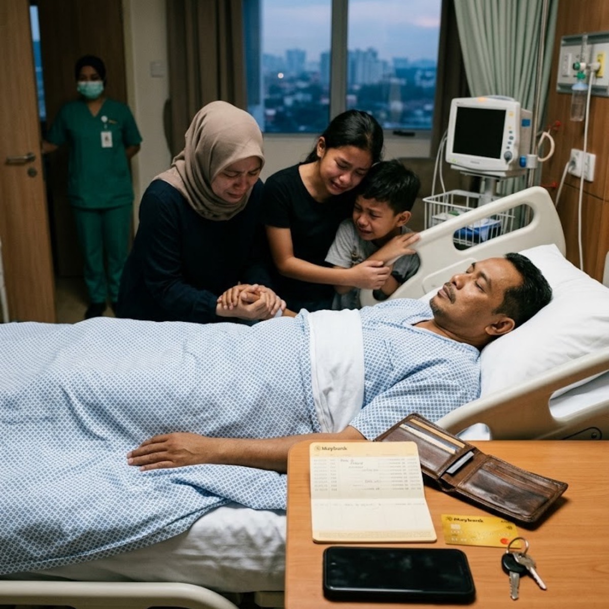 Keluarga di sisi katil hospital, buku akaun bank di atas meja