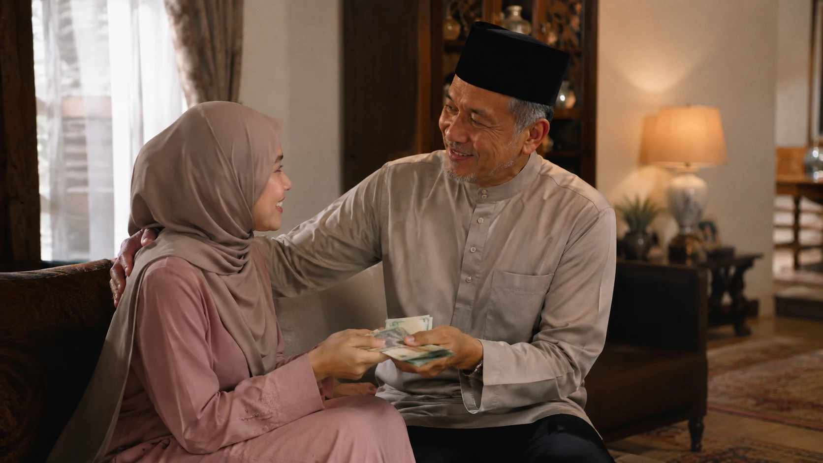 Ayah menghulurkan wang kepada anak perempuannya