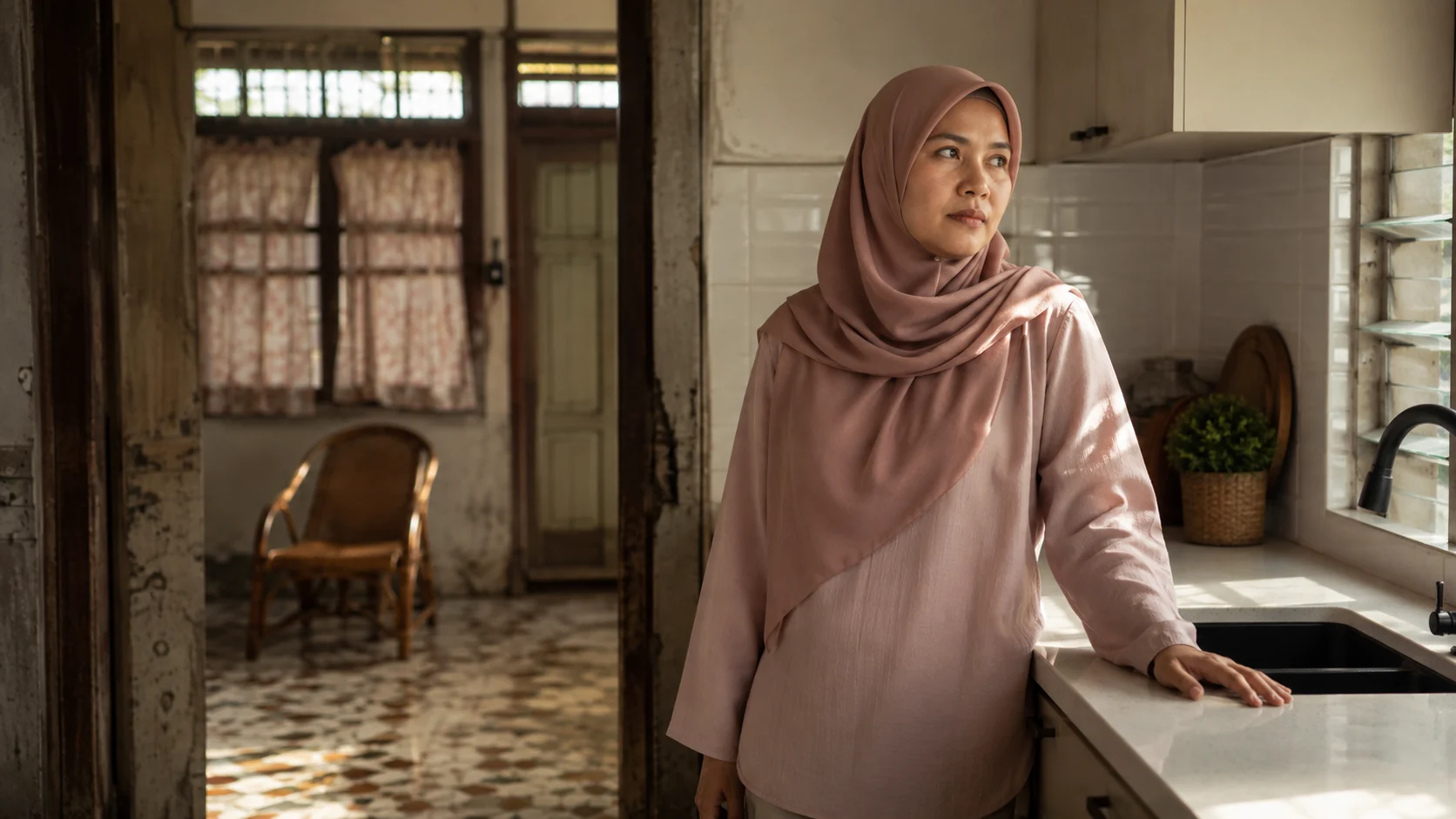 Anak perempuan memandang dapur rumah ayahnya yang baru diubah suai