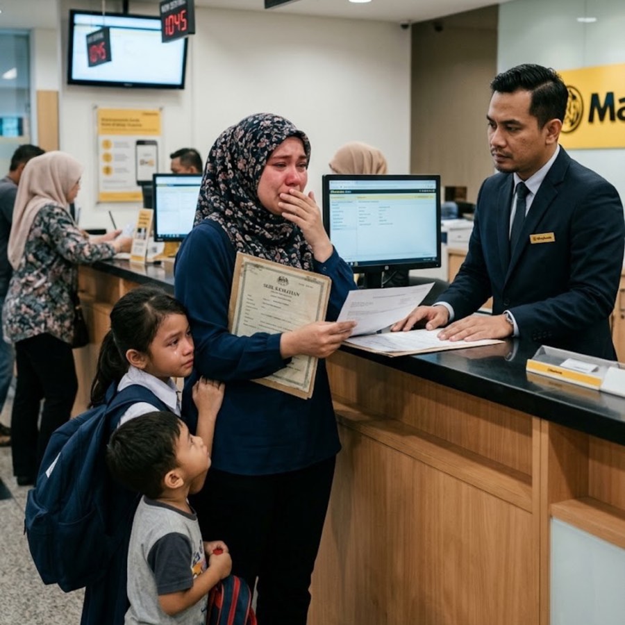 Seorang isteri menangis di kaunter bank sambil memegang sijil kematian