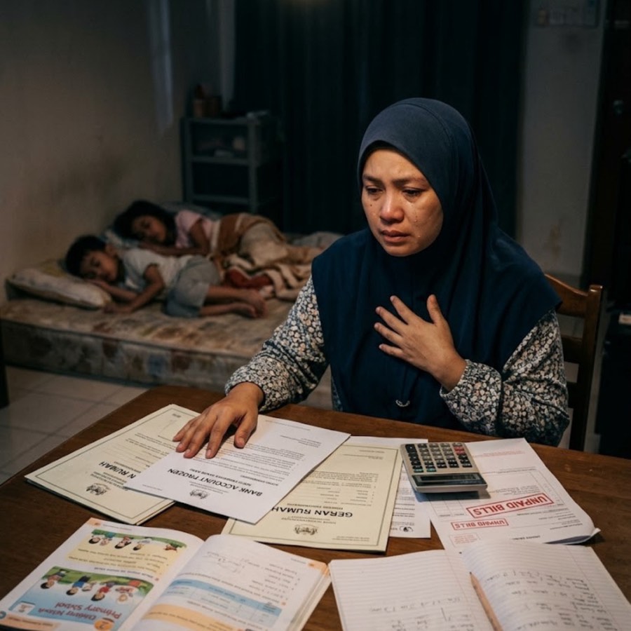 Seorang ibu termenung di meja pada waktu malam dengan timbunan bil dan dokumen