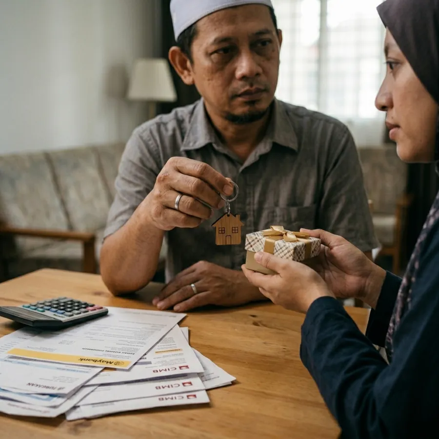 Seseorang menghulurkan kunci rumah dan kotak hadiah, penyata pinjaman di atas meja