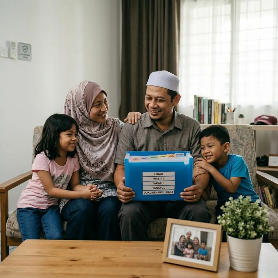 Keluarga Muslim tenang dan tersenyum bersama fail dokumen perancangan harta di rumah