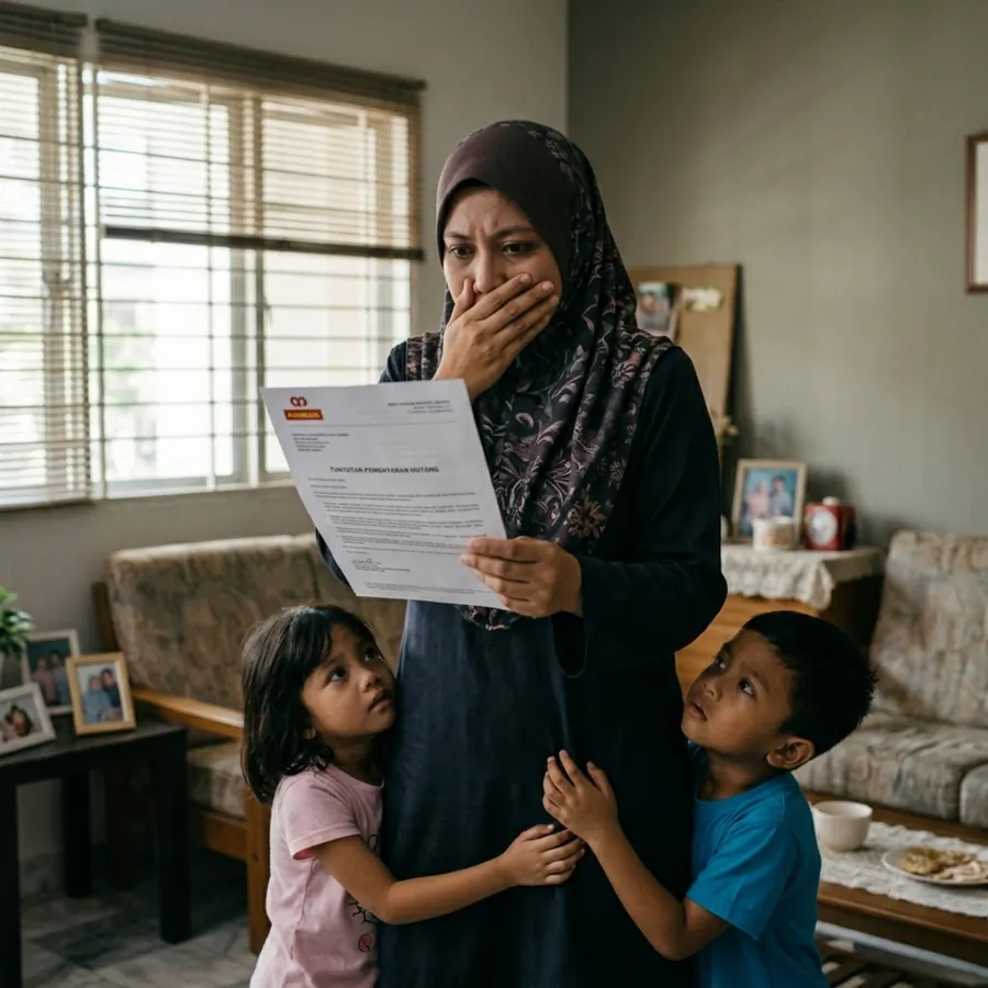 Seorang isteri terkejut membaca surat tuntutan hutang sambil anak-anak di sisinya