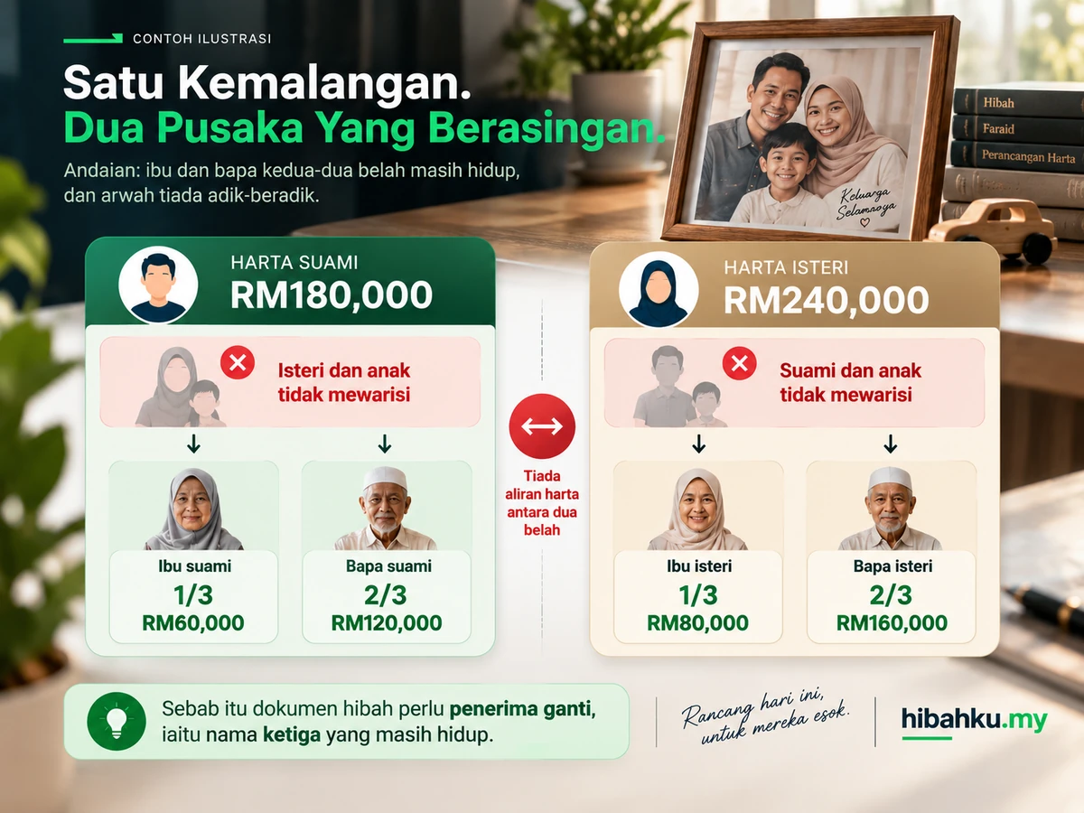 Rajah dua harta pusaka berasingan selepas suami, isteri dan anak pergi serentak, menunjukkan setiap harta turun kepada ibu bapa masing-masing